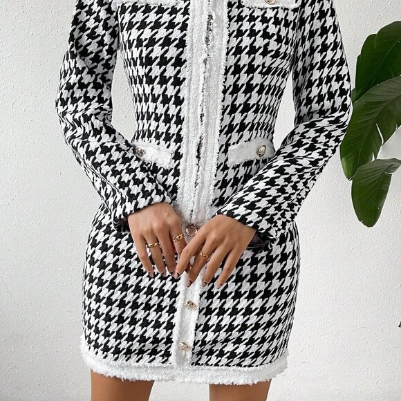 White & Black Preppy Womens Houndstooth Print Contrast Trim Tweed Jacket & Skirt - Picture 5 of 5